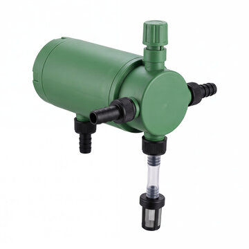 Generic high-flow agricultural water-powered fertigation injector dosing pump isolated on white.