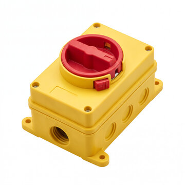 Generic waterproof industrial ON-OFF rotary isolator disconnect switch box isolated on white.