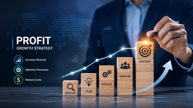 Profit growth strategy concept with wooden blocks showing business plan step by step.