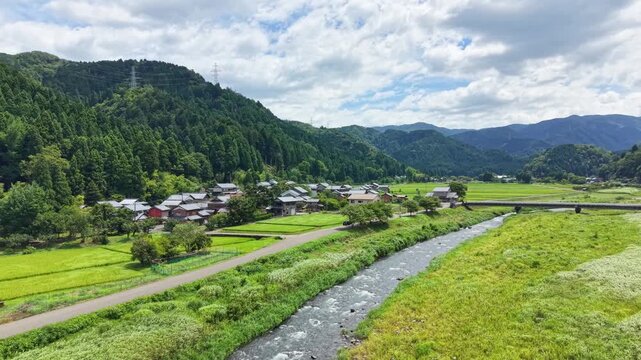 ドローンで撮る日本の風景　川沿いに広がる静かな集落と美しい里山　ゆっくり前進する空撮