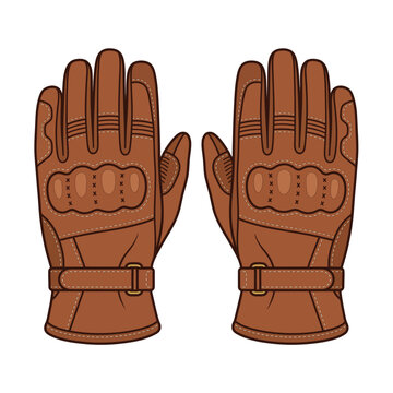 Brown leather motorcycle gloves with buckle strap, vector illustration