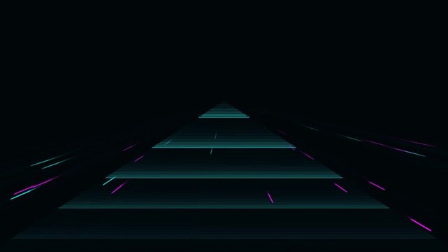 Abstract digital background with glowing blue and purple light lines moving in a fast motion perspective tunnel on a dark black surface