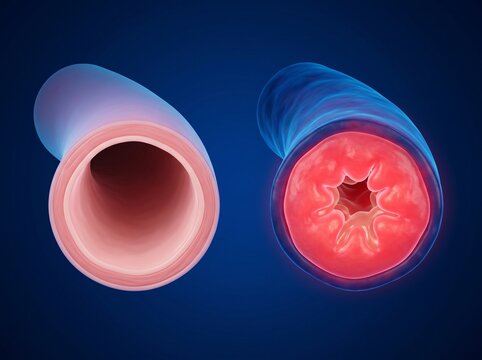 Cross-section of a healthy artery compared to a diseased artery with atherosclerosis.