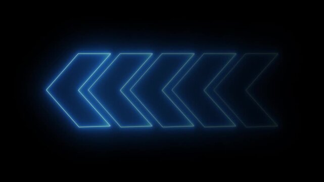 Glowing neon flashing light blue arrow loading animation. Left arrow for road direction. Abstract beautiful color neon left side animation. neon arrow moving left on black background 4k video.