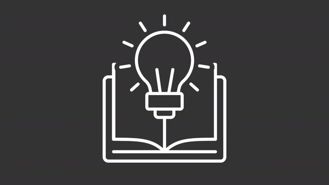 Animated book with lightbulb white line icon. Knowledge animation. Education for everyone. Learning program. Student insights. Isolated element on dark background. Alpha transparent video