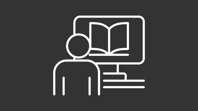 Animated student reading book on computer white line icon. Remote learning animation. Online education sources. Elearning class. Isolated element on dark background. Alpha transparent video
