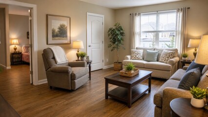 Fototapeta premium Cozy Living Room with Stylish Furniture and Bright Natural Light in Modern Interior