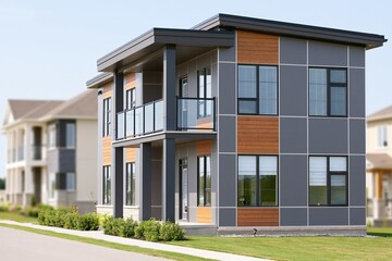 Fototapeta premium Modern Residential Duplex House with Contemporary Architectural Design and Landscaping
