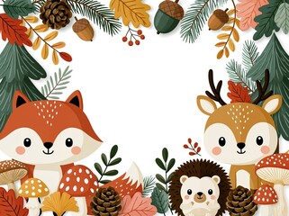 Fototapeta premium Cute Autumn Forest Animals with Fall Foliage, Pinecones, and Mushrooms Border