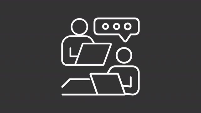 Animated remote employees communication white line icon. Freelancers digital network animation. Workers with laptops talking. Isolated element on dark background. Alpha transparent video