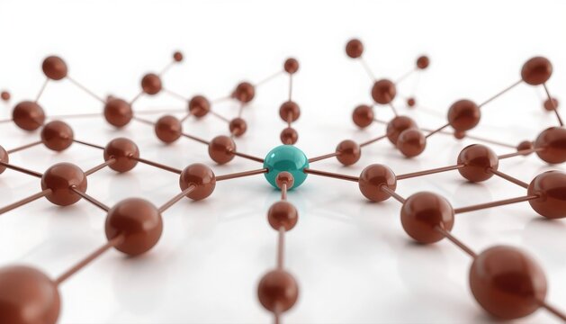 A single turquoise sphere linked to a network of brown particles on a white background with connection particle structure abstract molecule communication technology chemistry interaction