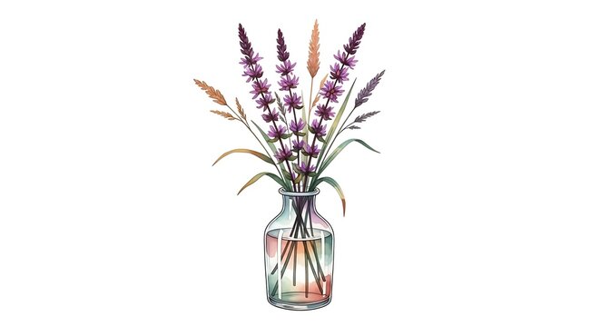 Watercolor Illustration of Purple Speedwell and Wild Hawkweed Flowers Arranged in a Clear Glass Vase for Decorative Floral Artistry