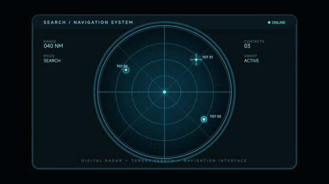 Digital radar navigation interface showing active motion targets on a blue holographic screen video clip

