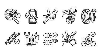 Fototapeta premium E-bike maintenance and component repair line icon set for electric bicycle service with maintenance electric mechanic transport