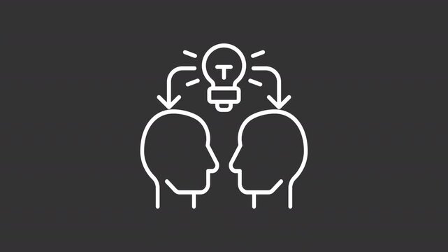 Animated creative thinking white line icon. Knowledge sharing animation. People brainstorming innovative solutions. Insight generation. Isolated element on dark background. Alpha transparent video