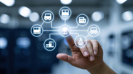 Obraz premium Futuristic digital interface connecting various transportation and industrial icons, representing smart city and IoT concepts