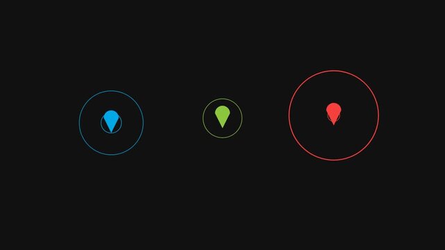 Set of three colorful location map pins with signal circles and a simple red marker icon on a dark background for navigation and gps tracking user interface design