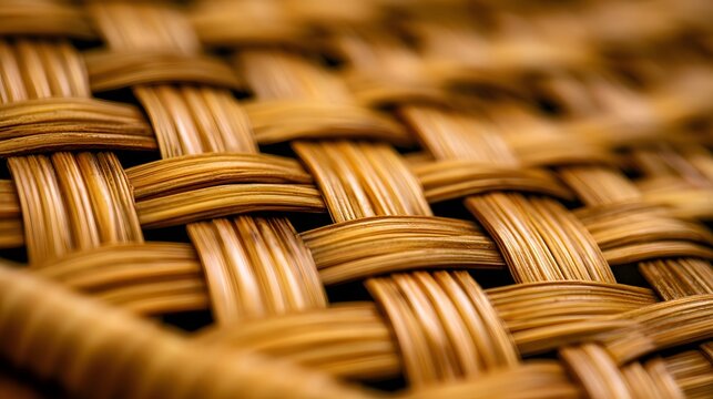 Close up of woven natural fiber basket texture showing interlaced strands under warm lighting