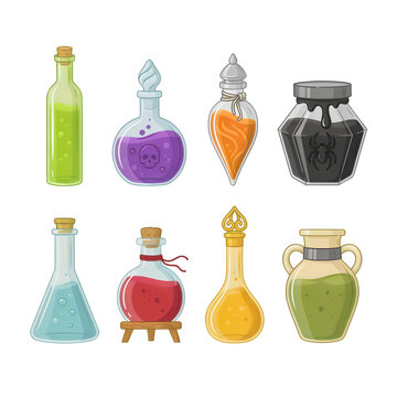 Assorted potion bottles with colorful liquids during a fantasy potion making session isolated on transparent background