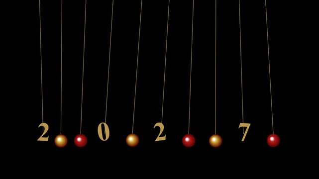 Happy new year 2027 greeting card design with golden numbers and hanging red and gold baubles on a black background for a festive holiday celebration and festive season concept