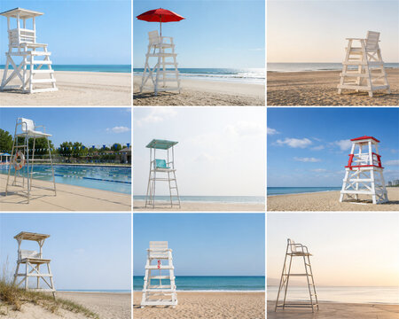 Collection of beach lifeguard chairs and towers standing on quiet sandy shores beside blue ocean water with open sky copy space coastal safety structures summer travel and seaside scenery