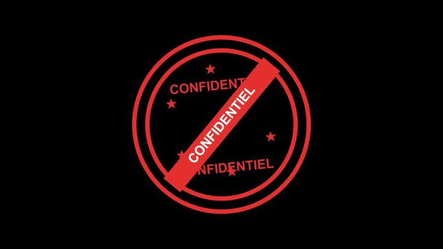 Red round confidential stamp with text and stars on a black background