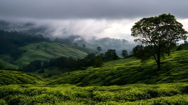 Rolling green hills covered in tea plants under low clouds with a solitary tree on the slope