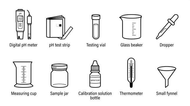 Scientific laboratory equipment icons for measurement and testing with ph meter test strip laboratory equipment measurement