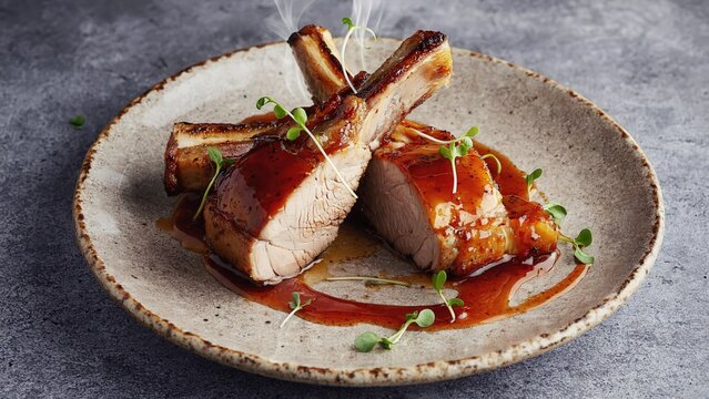 Roasted pork chop plated with sauce