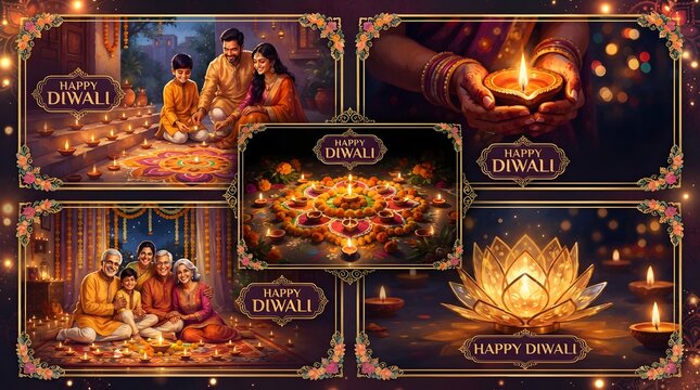 Collage of diwali festival celebrations featuring families, diyas, and lotus lamp
