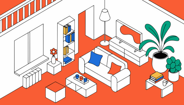Isometric illustration of a modern cozy living room interior design