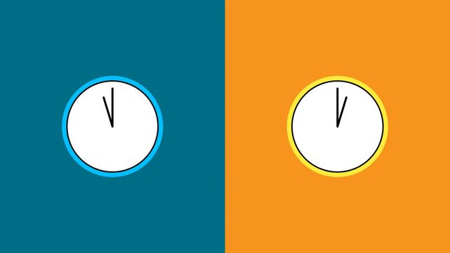 Two round wall clocks with blue and yellow frames showing twelve o clock time on a split teal and orange background