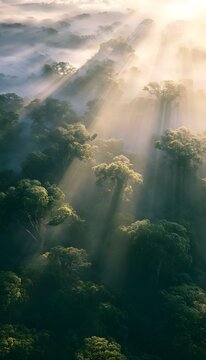 Golden sunrise illuminates a tranquil misty valley serene landscape photography evokes peace and wonder
