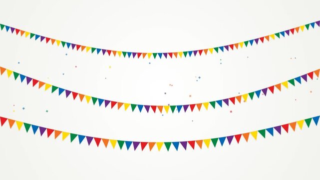 Colorful party bunting flags hanging on lines with confetti for birthday celebration and festive events