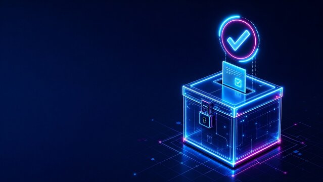 Isometric neon digital ballot box with glowing checkmark and holographic civic voting network 3D election and democracy technology concept with copy space
