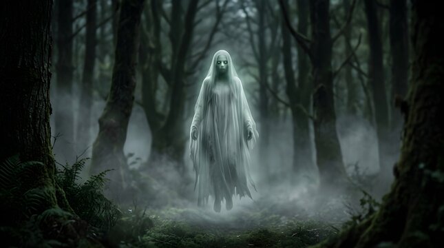 A spectral figure emerges from the shadows embodying the chilling essence of halloween night and ghostly apparitions