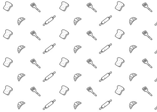 Seamless bakery illustration pattern with black outline and white background. Food packaging, menu illustration. Hand drawn wrapping design, food business, bakery