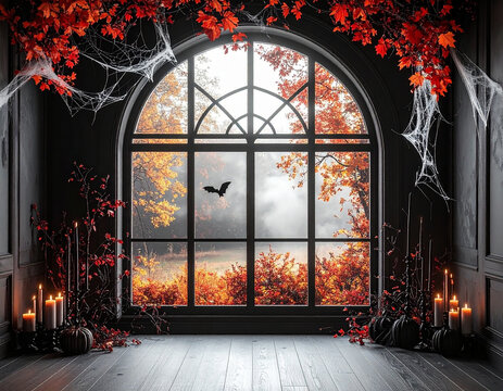 Dark gothic room arched window autumn forest view hanging lanterns glowing candles cobwebs eerie spooky halloween interior design moody mystical seasonal backdrop