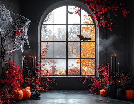Dark gothic room arched window autumn forest view hanging lanterns glowing candles cobwebs eerie spooky halloween interior design moody mystical seasonal backdrop