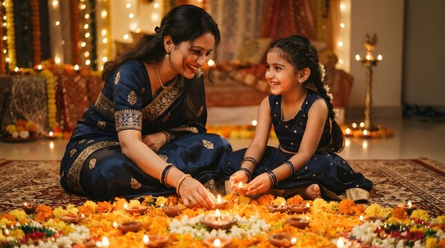 Indian mother and daughter decorating home with marigold flowers and lit diyas for diwali festival celebration