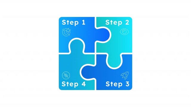 Four interlocking puzzle pieces empty infographic template animation. Blue and cyan color gradient. Corporate planning. Animated diagram blank design with 4 steps. Info graphic with options. HD video