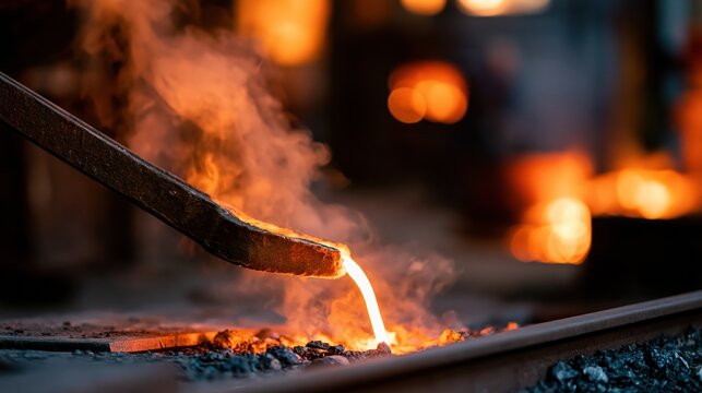 Molten metal being poured from a ladle into a mold in a hot industrial foundry environment
