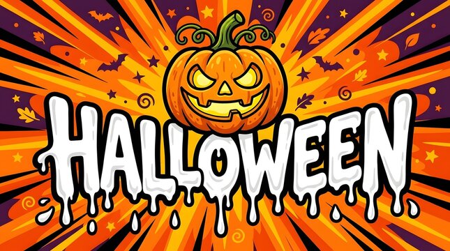 A vibrant and spooky halloween illustration featuring a jack o' lantern and dynamic orange and purple rays
