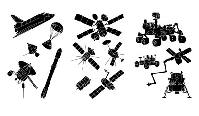Spacecraft Satellites and Robotic Explorers Black Silhouette Vector Collection © Shapla