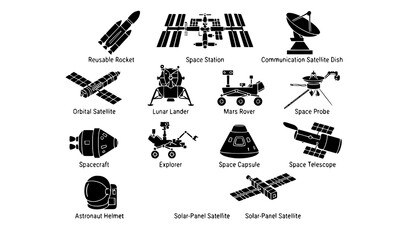 Space Technology Spacecraft Satellite Rover Black Silhouette Vector Icon Set © Shapla