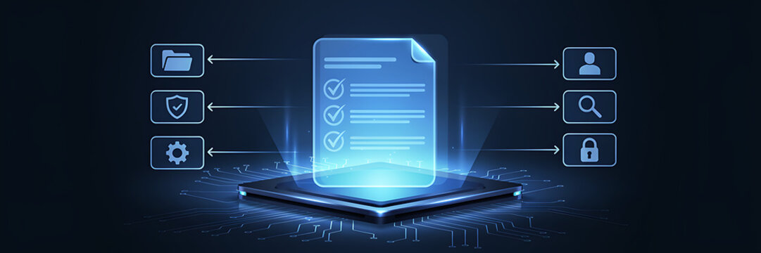 A glowing digital document with checkmarks floating above a computer chip surrounded by various security and management interface symbols