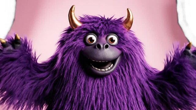 Smiling purple furry monster mascot character with horns and big eyes vector illustration