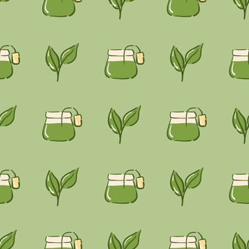 Green tea or matcha bag in a cup and leaves on a green background. Seamless pattern for wrapping paper.  


