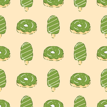 Cute matcha donuts and ice cream on a light yellow background. Seamless pattern for wrapping paper.  

