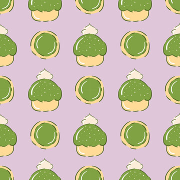 Cute matcha cupcake and cookies on a light purple background. Seamless pattern for wrapping paper.